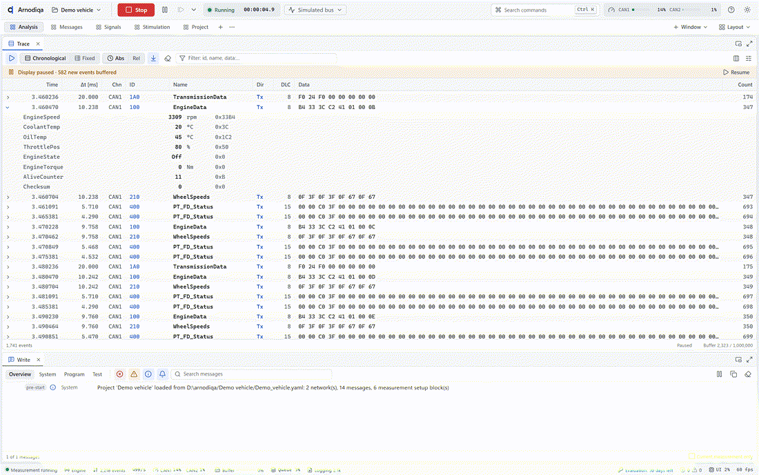 Arnodiqa trace window with decoded CAN and CAN FD traffic